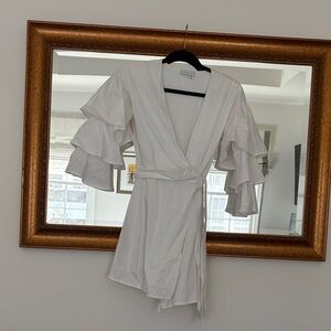 White Ruffle Sleeve Wrap Dress